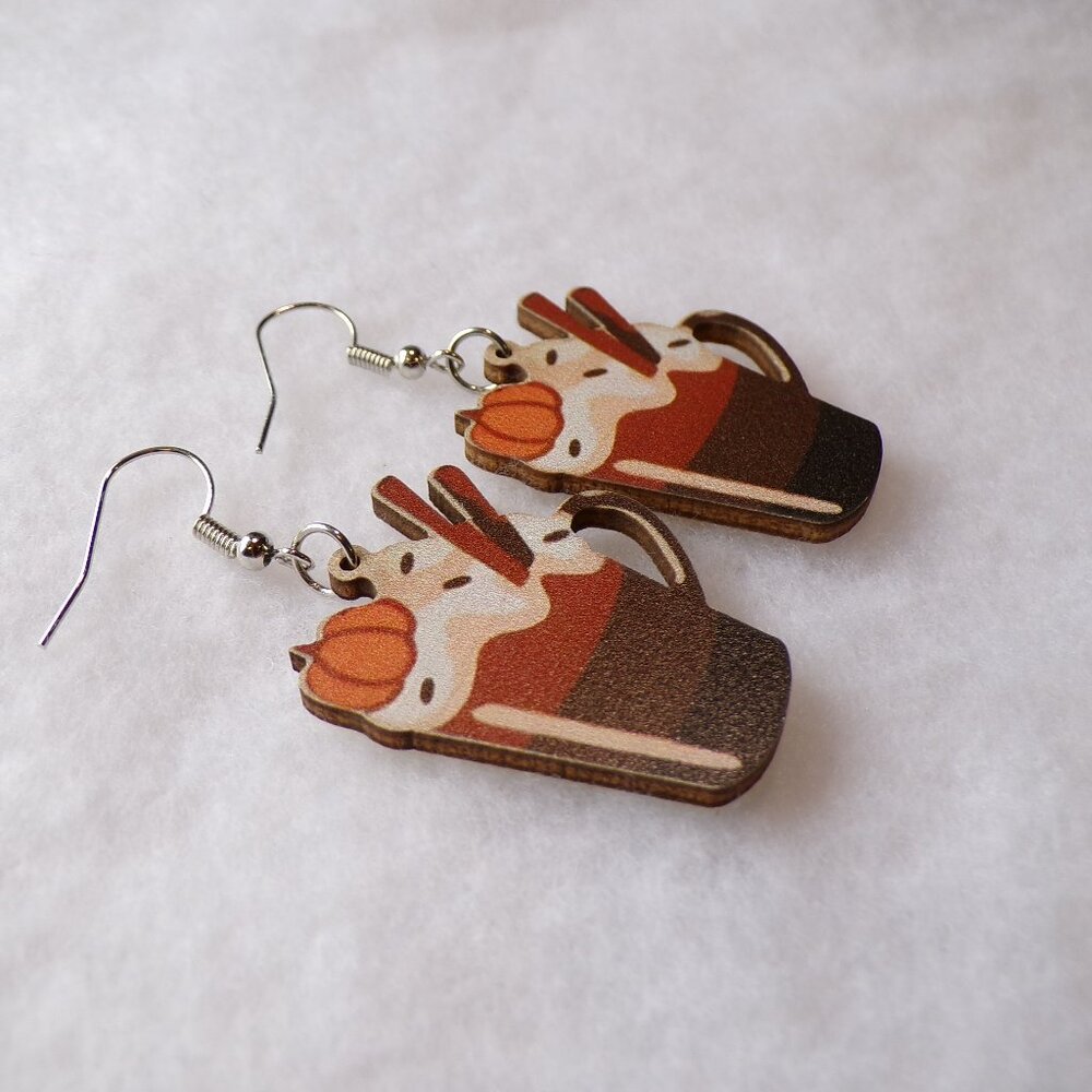 Pumpkin Spice Coffee Earrings Wood Dangle - Picture 2 of 5